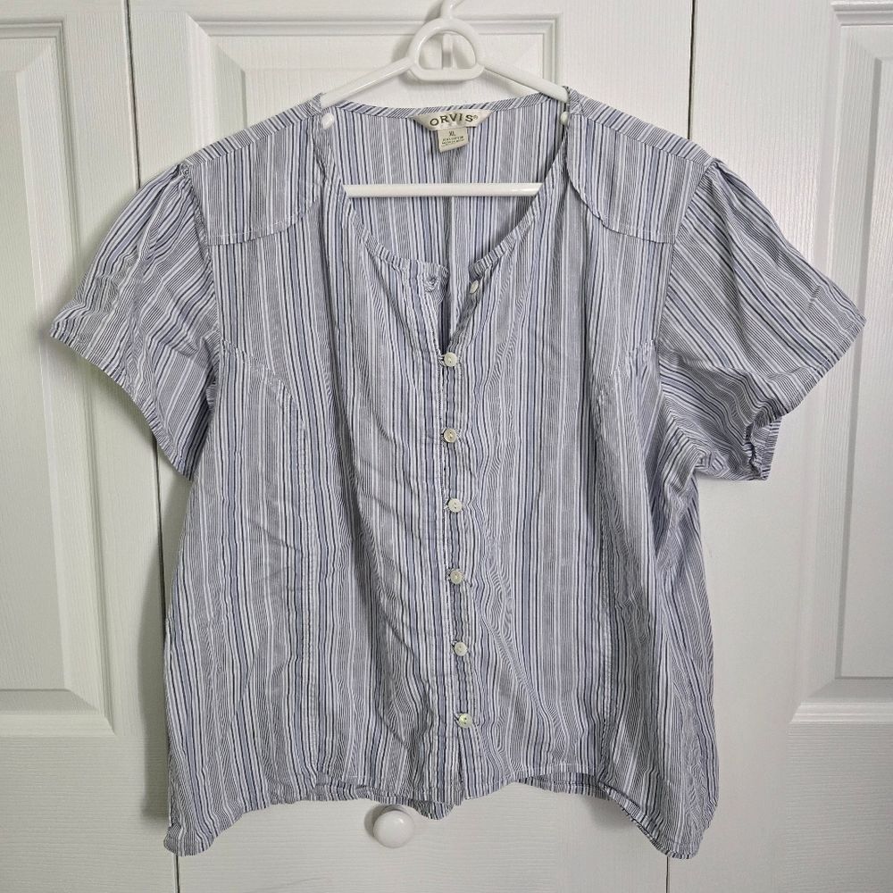 Orvis Striped Short Sleeve Button Down Shirt 100% Cotton Women's Size XL